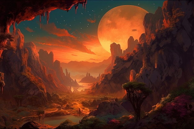 A painting of a mountain with a moon and a large moon in the background.