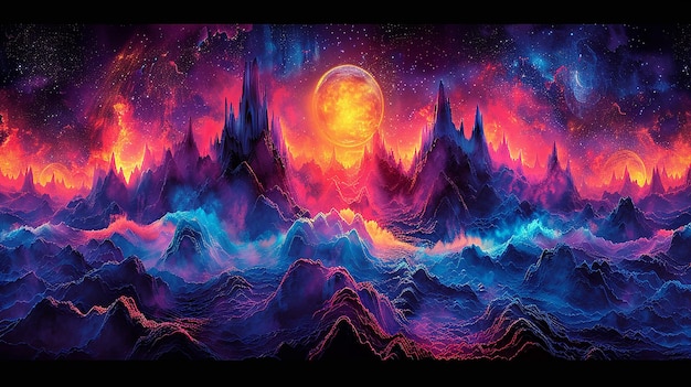 a painting of a mountain with a moon and stars in the sky