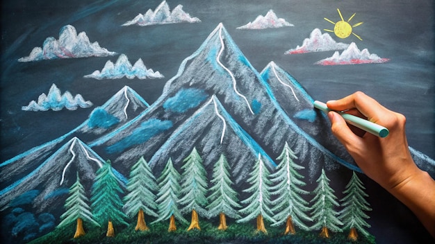 a painting of a mountain with a mountain in the background