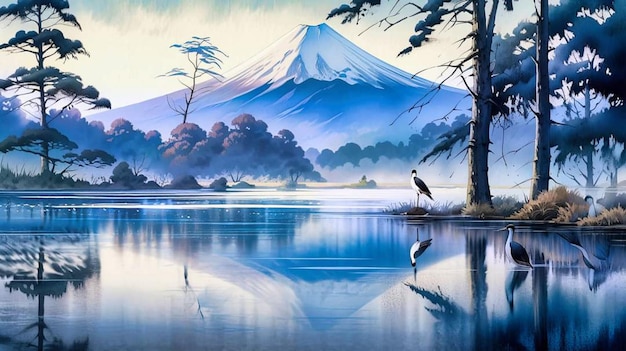 A painting of a mountain with a mountain in the background