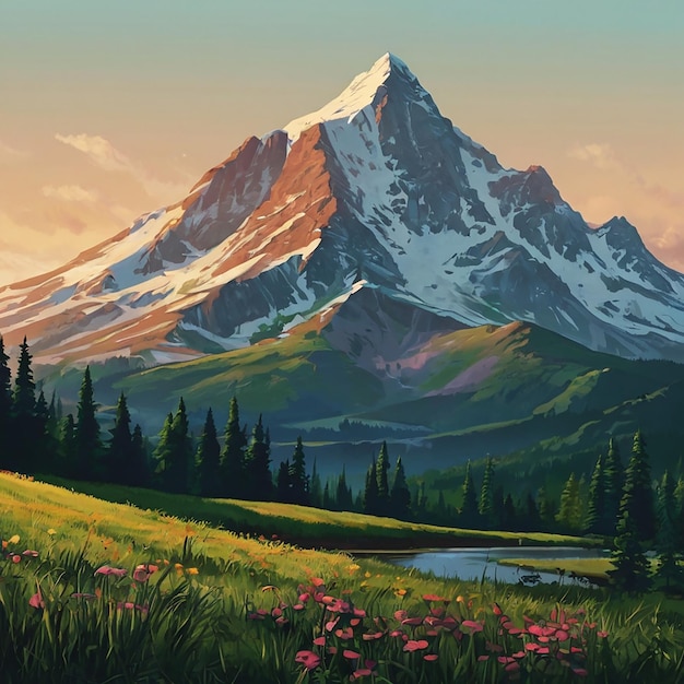 a painting of a mountain with a mountain in the background