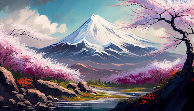 A painting of a mountain with pink flowers