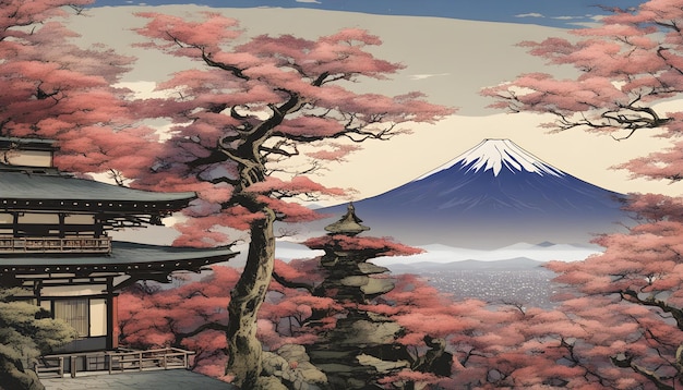 a painting of a mountain with a pink and red tree in the background