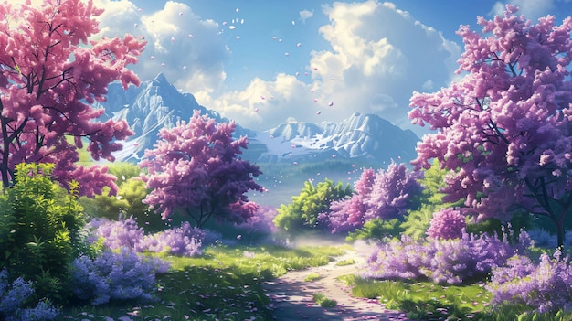 a painting of a mountain with purple flowers and mountains in the background