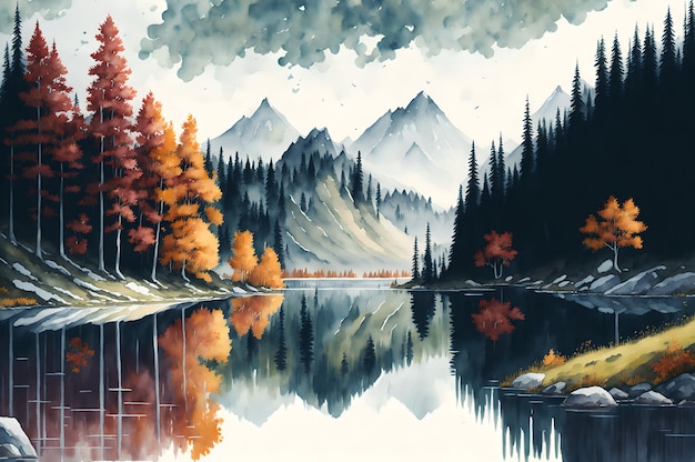 Photo a painting of a mountain with a reflection of trees and mountains