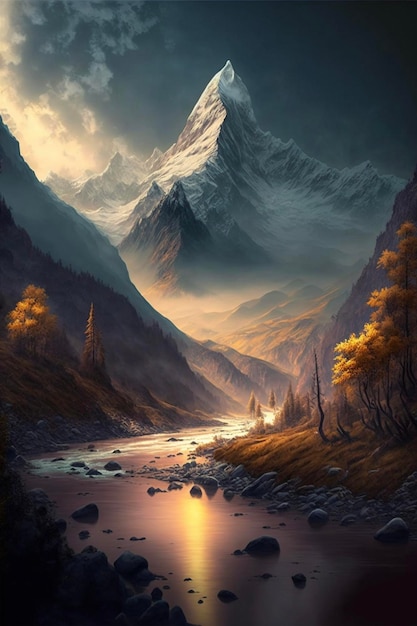 Painting of a mountain with a river in the foreground generative ai