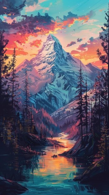 a painting of a mountain with a river and mountains in the background