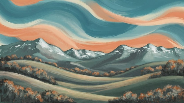 a painting of a mountain with a river and trees