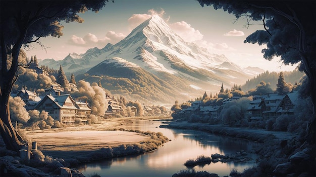 Painting of a mountain with a river wallpaper