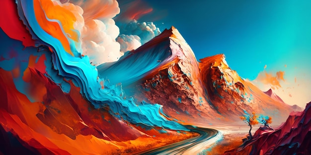 A painting of a mountain with a road going through it