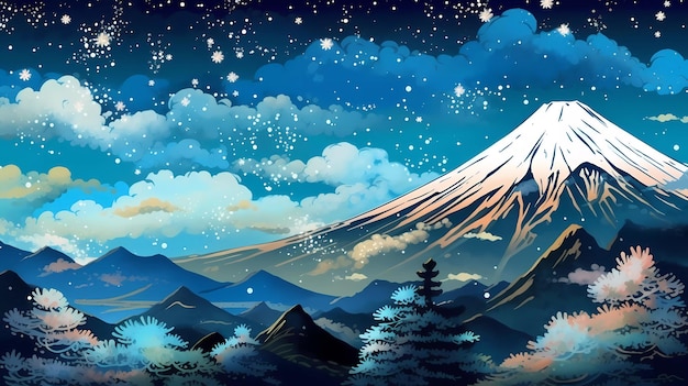 A painting of a mountain with a starry sky and the moon.