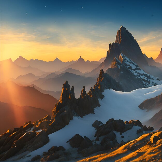 A painting of a mountain with the sun shining on it