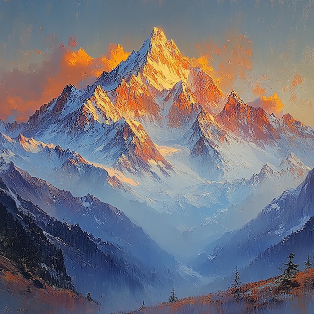 a painting of a mountain with a sunset in the background