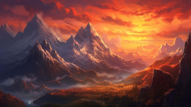 A painting of a mountain with a sunset in the background