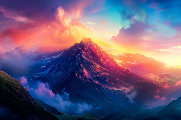 a painting of a mountain with a sunset in the background