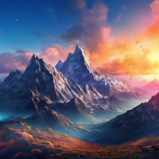 A painting of a mountain with a sunset in the background