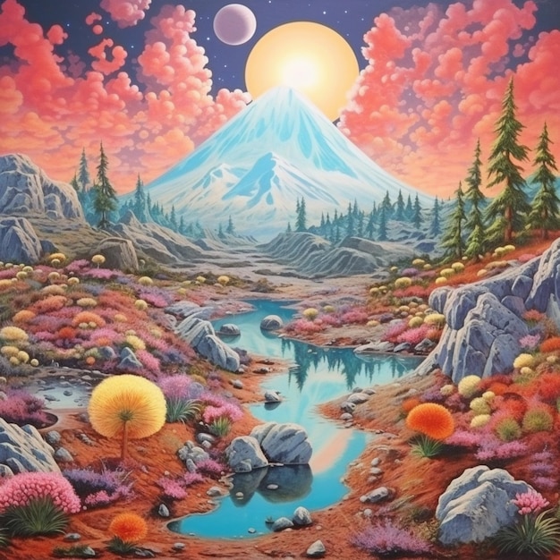 A painting of a mountain with a sunset in the background