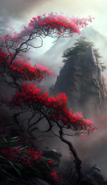 Painting of a mountain with a tree in the foreground generative ai