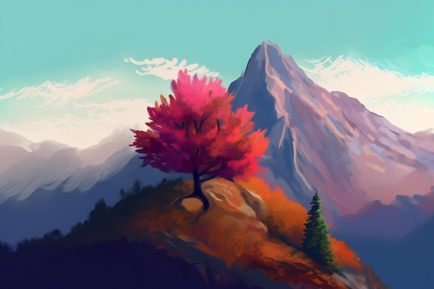 A painting of a mountain with a tree in the foreground and a mountain in the background.