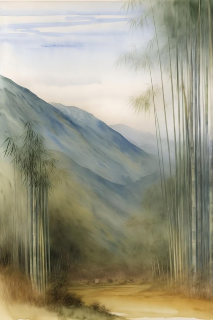 A Painting Of A Mountain With Trees In The Foreground