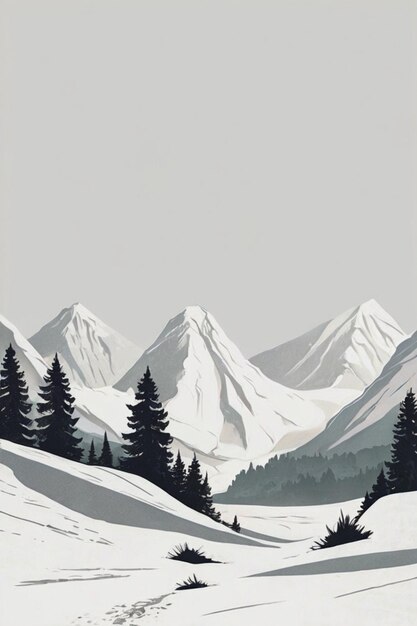 a painting of a mountain with trees and mountains in the background