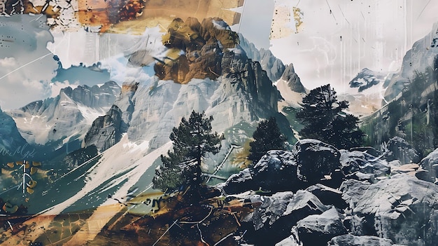 a painting of a mountain with trees and mountains in the background