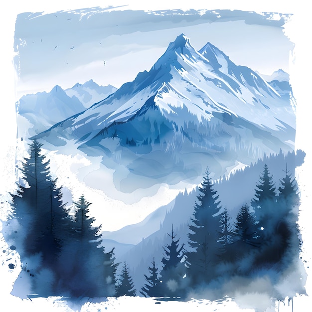 a painting of a mountain with trees and mountains in the background