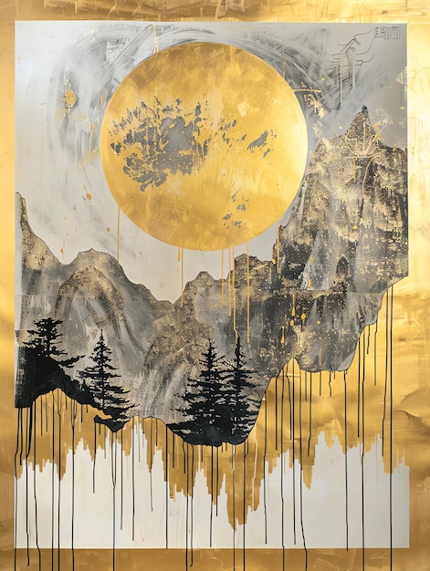 a painting of a mountain with trees and mountains