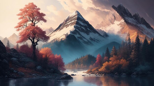 Painting of a mountain with trees and water