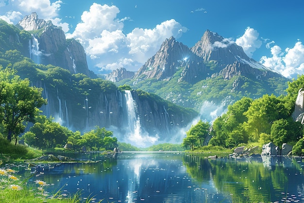 a painting of a mountain with a waterfall in the background