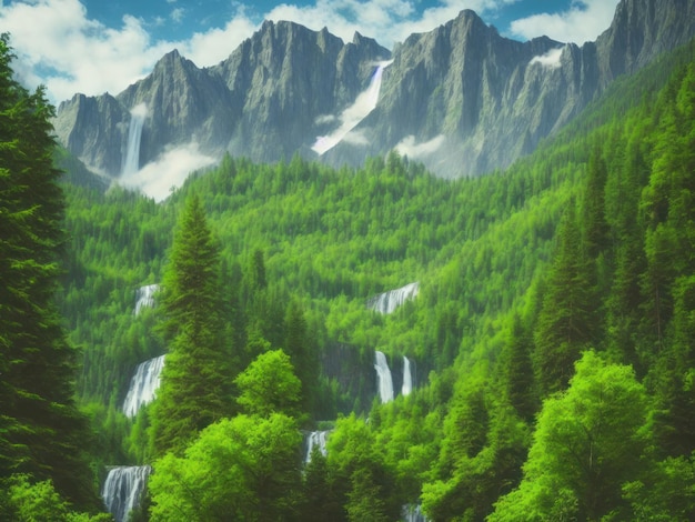 A painting of a mountain with a waterfall in the background