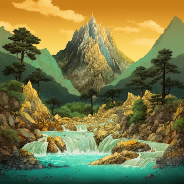 A painting of a mountain with a waterfall in the middle of it