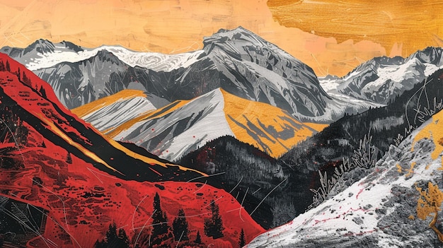 a painting of a mountain with a yellow and orange background