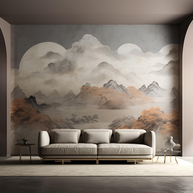 a painting of mountains and a couch in a room with a mountain scene on the wall.