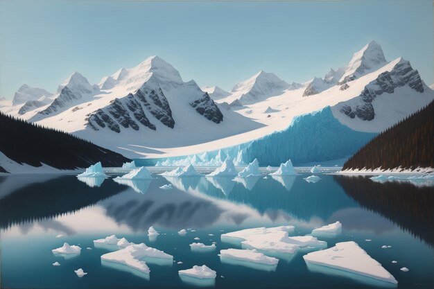 A painting of mountains and icebergs in the water.