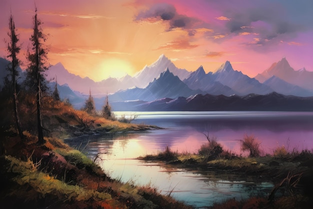 A painting of mountains and a lake with a sunset generative ai