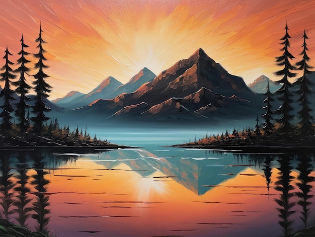 A painting of mountains and a lake with a sunset generative ai