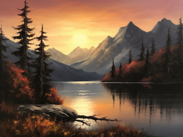 A painting of mountains and a lake with a sunset generative ai