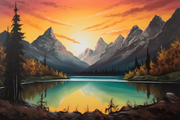 A painting of mountains and a lake with a sunset generative ai