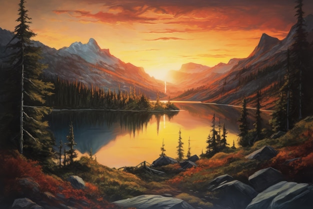 A painting of mountains and a lake with a sunset generative ai