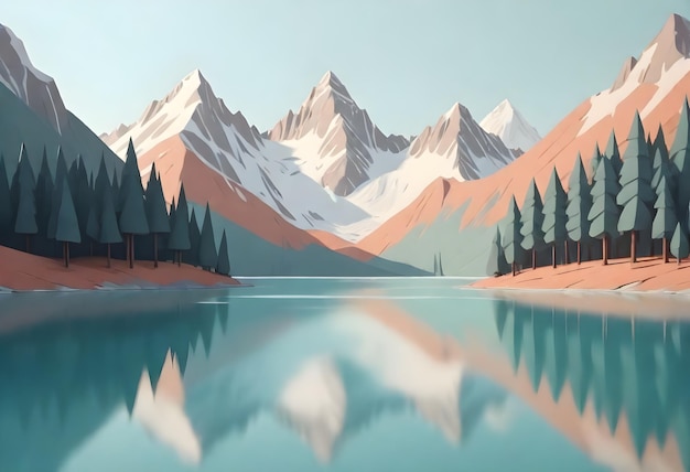 a painting of mountains and a lake with trees in the background