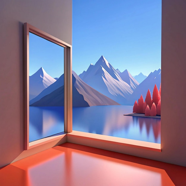 Photo a painting of mountains and a lake with a window that says  a red boat