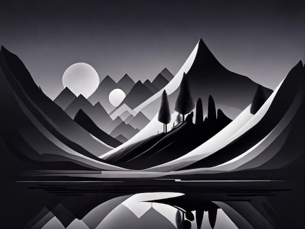 A painting of mountains and a moon is shown in this image