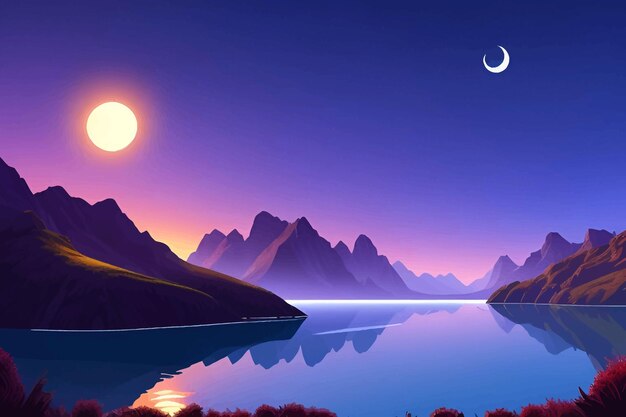 a painting of mountains and the moon in the sky