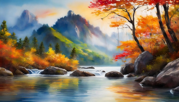 Painting of mountains river green and orange trees Beautiful natural landscape