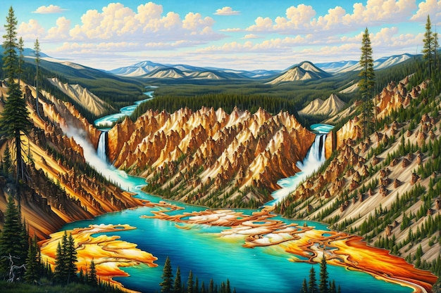 painting of a mountains and river