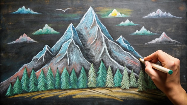 a painting of mountains and trees with a person in front of them