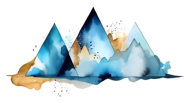 A painting of mountains with a blue mountain on the bottom.