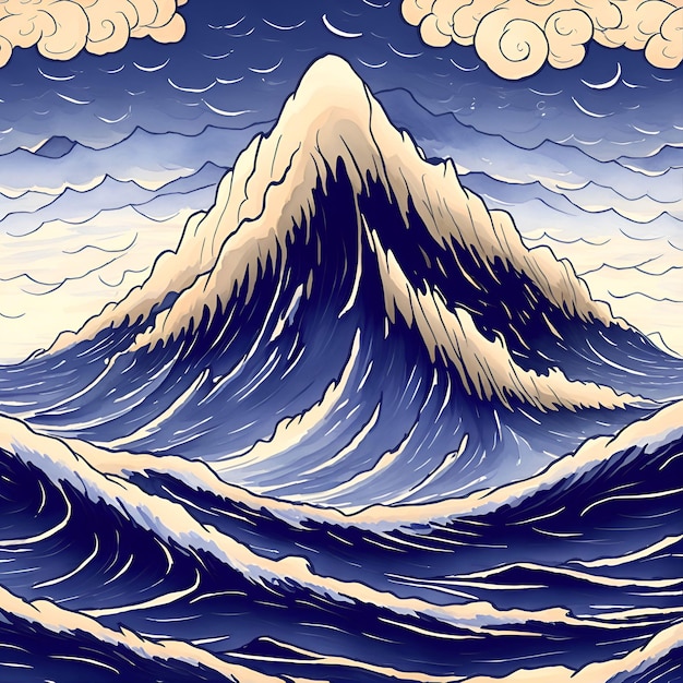 A painting of mountains with clouds in the sky