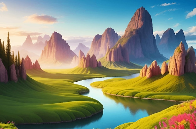 a painting of mountains with a river and mountains in the background